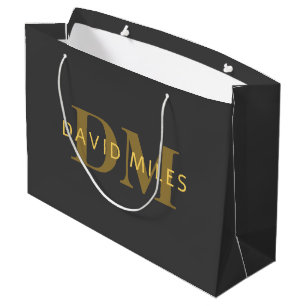 Grand Sac Cadeau Nom et monogramme élégant Or et gris foncé