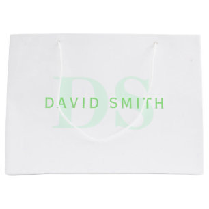 Grand Sac Cadeau Nom et monogramme modernes   Vert et blanc