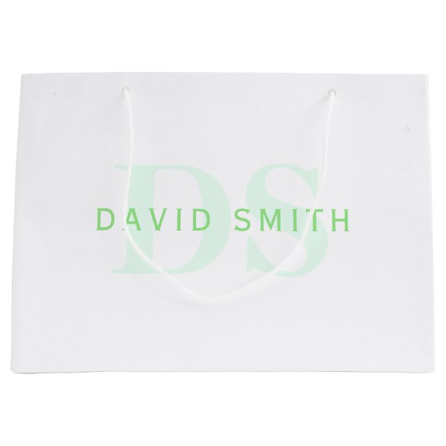 Grand Sac Cadeau Nom et monogramme modernes | Vert et blanc (Devant)