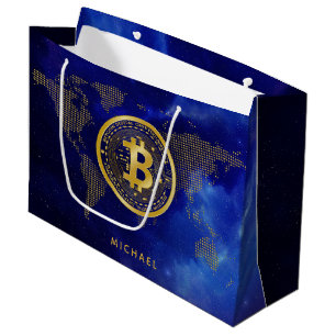 Grand Sac Cadeau Nom personnalisé Bitcoin Monde Or Crypto Espace