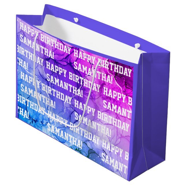 Grand Sac Cadeau Nom personnalisé Joyeux Anniversaire Marbre bleu/p (Devant Angle)