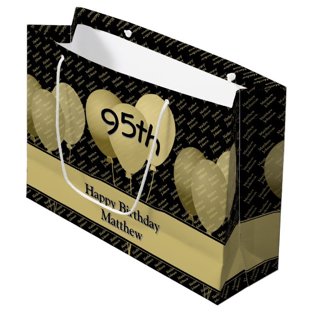 Grand Sac Cadeau Nom personnalisé Motif - Ballons or/noir (Devant Angle)