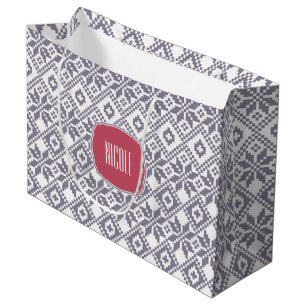 Grand Sac Cadeau Nom personnalisé Noël Nordic Snowflake Motif