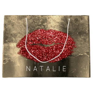 Grand Sac Cadeau Nom Red Kiss Lips Gold Rose Maquillage Grunge