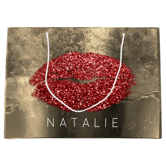 Grand Sac Cadeau Nom Red Kiss Lips Gold Rose Maquillage Grunge (Devant)