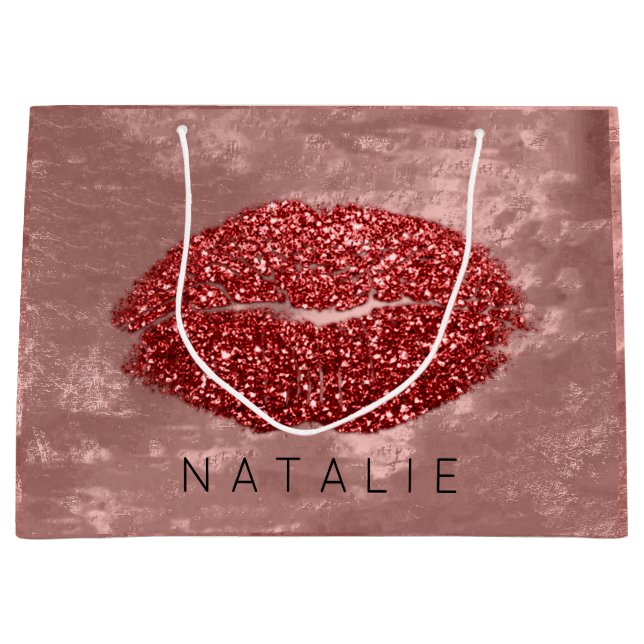 Grand Sac Cadeau Nom Red Kiss Lips Parties scintillant Rose maquill (Devant)