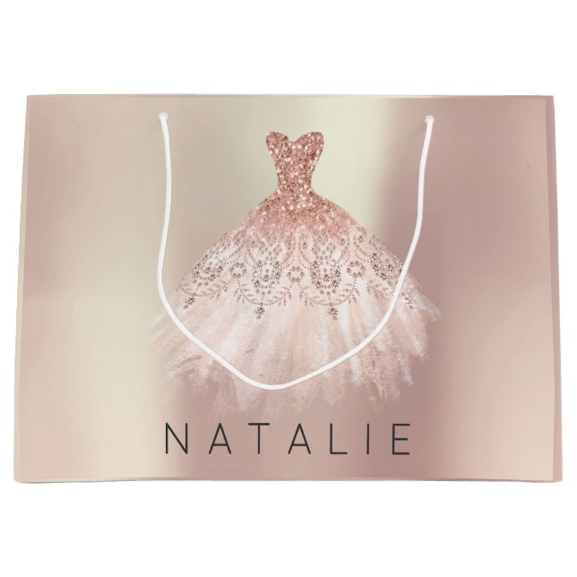 Grand Sac Cadeau Nom Rose Blush Pearl Rose robe Parties scintillant (Devant)