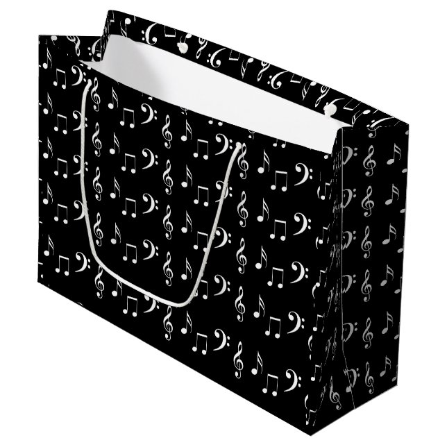 Grand Sac Cadeau Notes musicales en noir et blanc Musicien (Devant Angle)