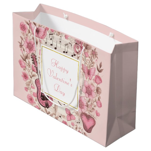 Grand Sac Cadeau Notes musicales et fleurs Élégante Saint-Valentin (Dos Angle)