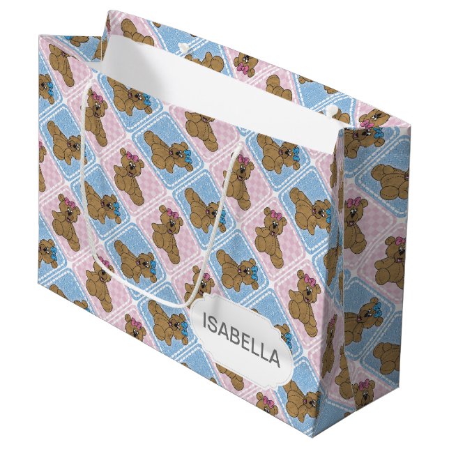 Grand Sac Cadeau Nounours Bébé Bleu Et Rose (Devant Angle)