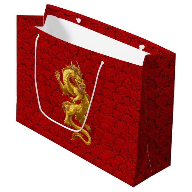 Grand Sac Cadeau Nouvel An chinois 2024 Sacs-cadeaux Dragon d'or (Devant Angle)