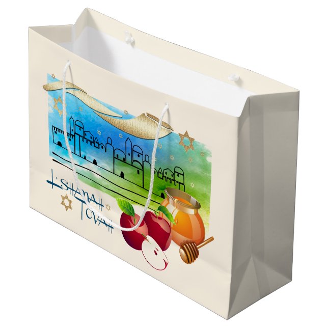 Grand Sac Cadeau Nouvel An juif | Rosh Hashanah Nom personnalisé (Devant Angle)
