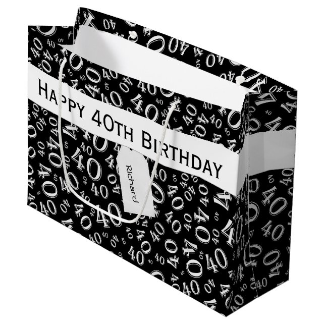 Grand Sac Cadeau Numéro 40e anniversaire Motif noir/blanc 40 (Devant Angle)