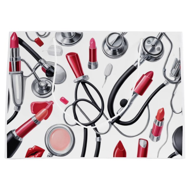 Grand Sac Cadeau Nurse Glam – Stethoscope & Lipstick Pattern (Devant)