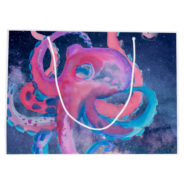 Grand Sac Cadeau octopus aquarelle espace océan rose  (Dos)