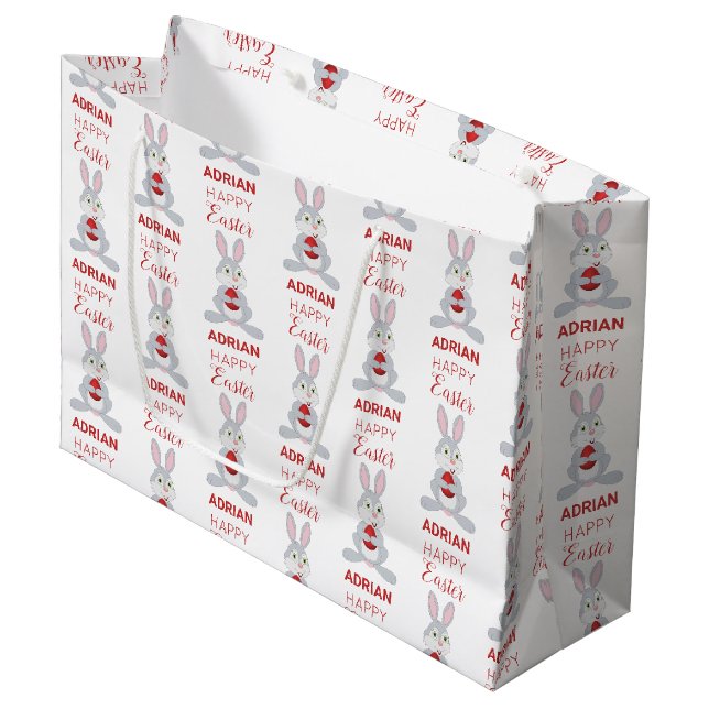 Grand Sac Cadeau OEuf de Pâques rouge lapin de Pâques personnalisé (Devant Angle)
