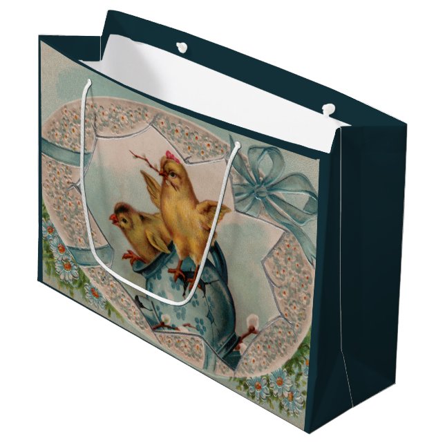 Grand Sac Cadeau Oeufs bleus et poupons de Pâques (Devant Angle)