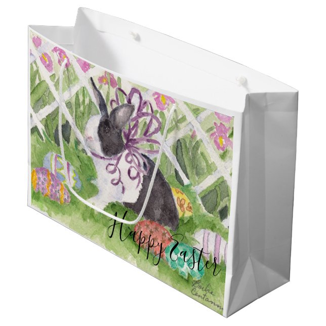 Grand Sac Cadeau Oeufs de pâques néerlandais de lapin d'aquarelle (Devant Angle)