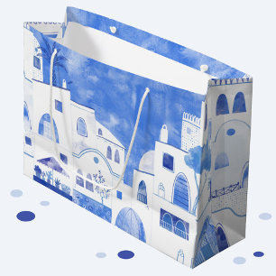Grand Sac Cadeau Oia Santorini peinture aquarelle