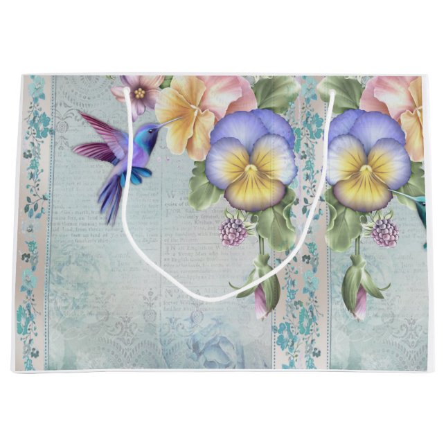 Grand Sac Cadeau Oiseaux de brousse et fleurs violettes (Devant)