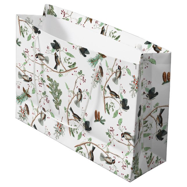 Grand Sac Cadeau Oiseaux de poulet Baies et Pinecones Aquarelle (Devant Angle)