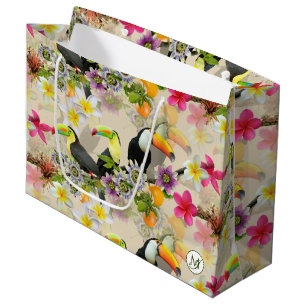 Grand Sac Cadeau Oiseaux Toucans, Fleurs de Passion, Plumeria Tropi
