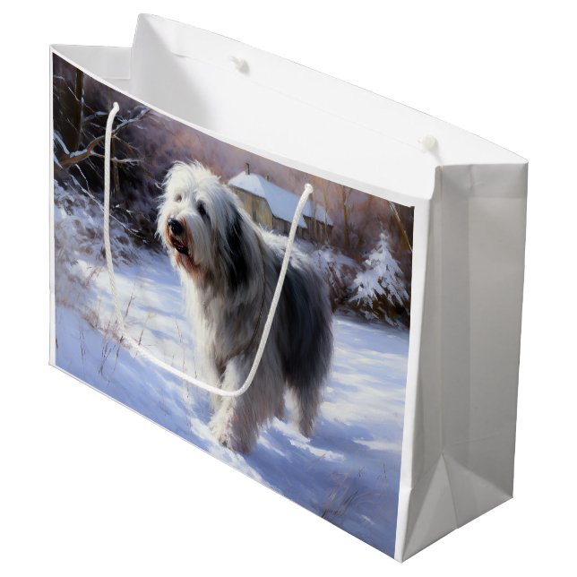 Grand Sac Cadeau Old English Sheepdog Laisser neiger Noël (Devant Angle)