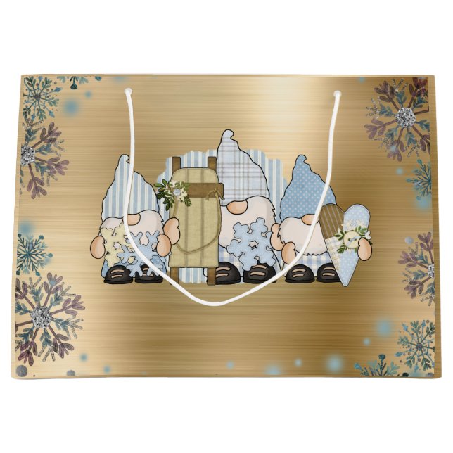 Grand Sac Cadeau Or Gnomes d'hiver (Devant)