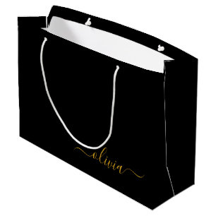 Grand Sac Cadeau Or Moderne Monogramme Nom en Or Noir