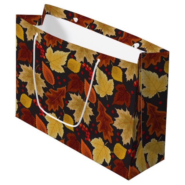 GRAND SAC CADEAU OR ORANGE ROUGE FEUILLES D'AUTOMNE (Devant Angle)