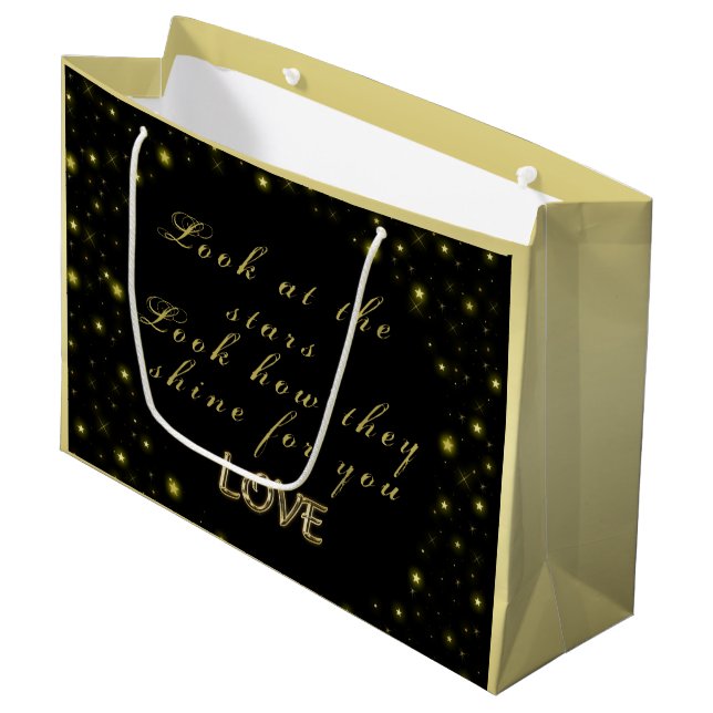 Grand Sac Cadeau Or personnalisé et étoiles brillantes sur noir (Devant Angle)