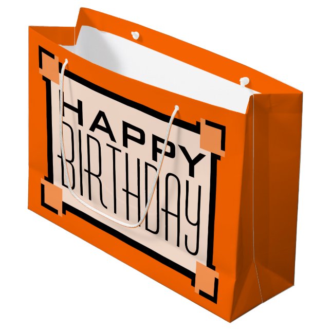 Grand Sac Cadeau Orange Art Déco Géométrique Joyeux anniversaire (Devant Angle)