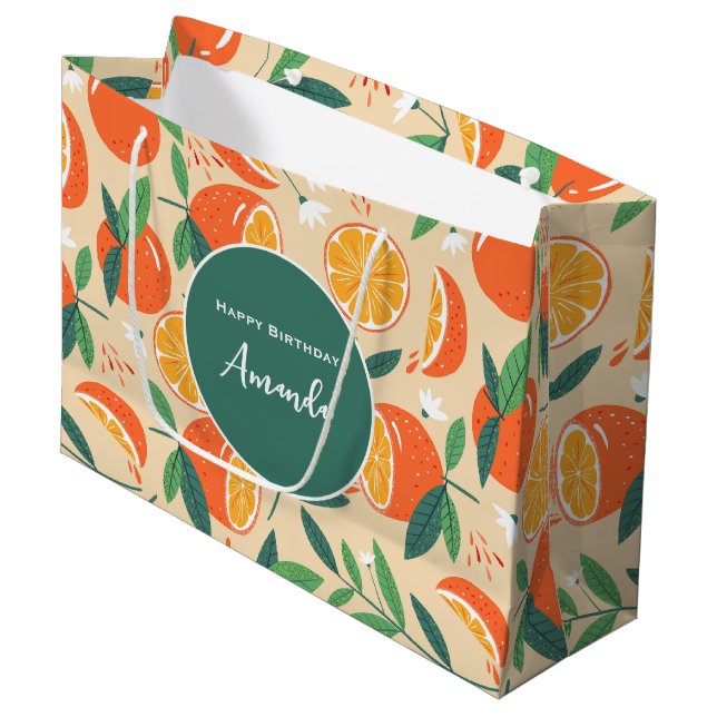 Grand Sac Cadeau Orange Citrus Fruit Retro Motif Anniversaire (Devant Angle)