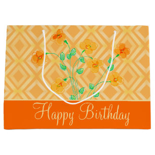 Grand Sac Cadeau Orange Fleurs Joyeux Anniversaire
