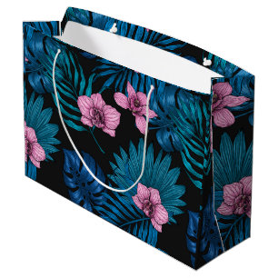 Grand Sac Cadeau Orchidées et feuilles de palmiers, rose et bleu su