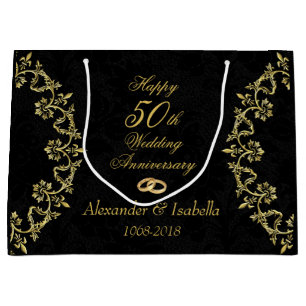 Grand Sac Cadeau Ornate Gold sur Black 50e anniversaire Mariage