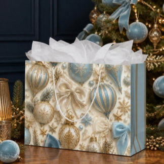 Grand Sac Cadeau Ornement de Noël vintage bleu bébé et or de luxe