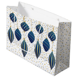 Grand Sac Cadeau Ornements de Noël Bleu Or