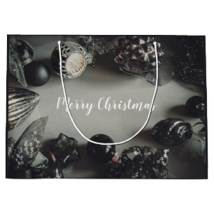 Grand Sac Cadeau Ornements de Noël Noir vintage avec ruban