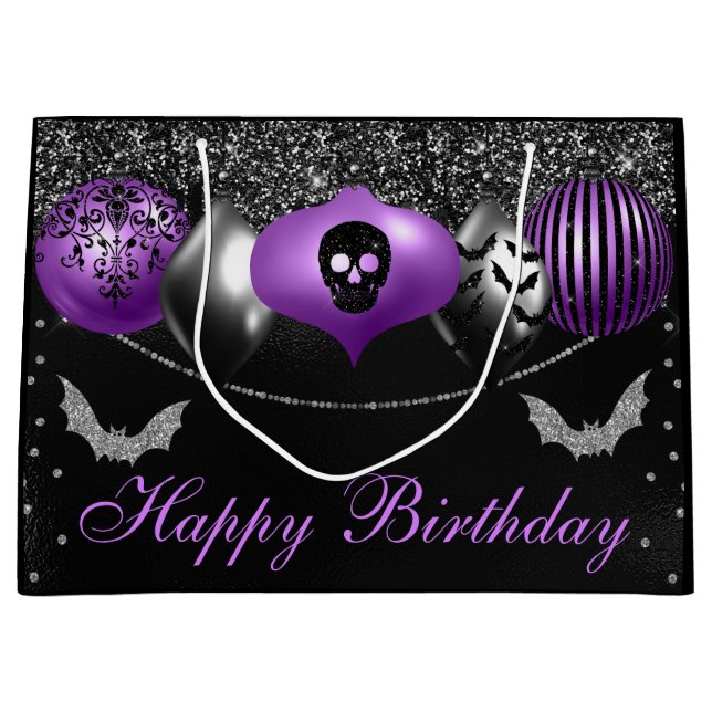 Grand Sac Cadeau Ornements d'Halloween violet et noir (Devant)