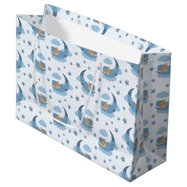 Grand Sac Cadeau Ours Bébé Couché Bleu Sur Lune Nuages & Étoiles (Devant Angle)