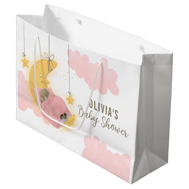 Grand Sac Cadeau Ours Lune Étoiles Roses Nuages Fille Baby shower (Devant Angle)