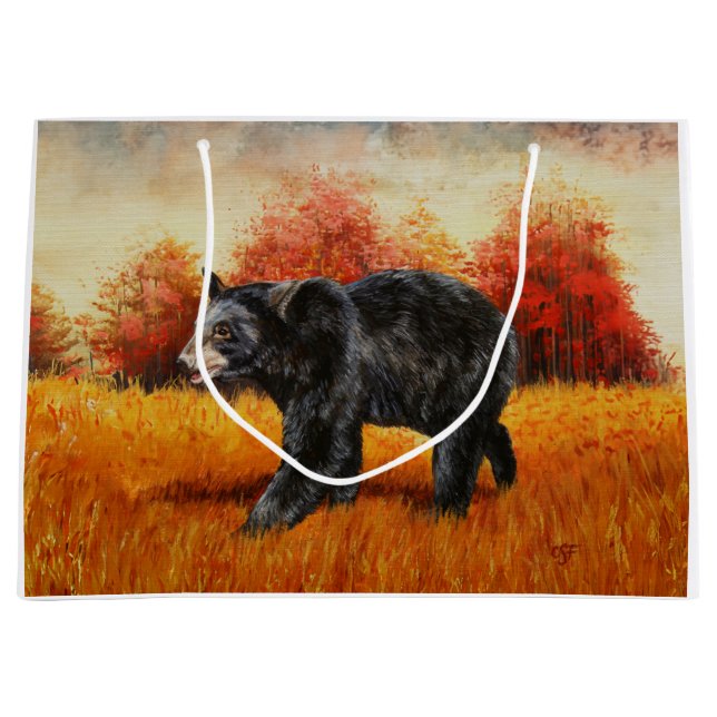 Grand Sac Cadeau Ours noir en forêt d'automne (Devant)