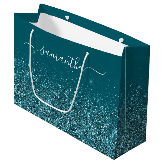 Grand Sac Cadeau Pailleté Signature Nom Élégant Sombre Turquoise (Devant Angle)