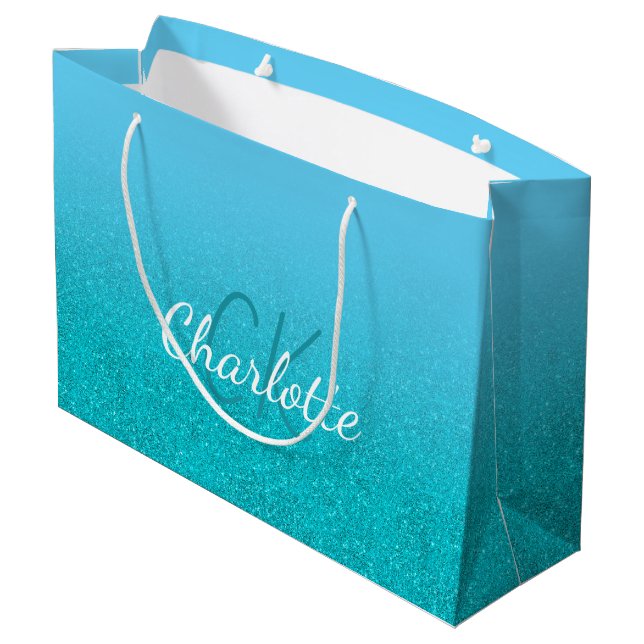 Grand Sac Cadeau Paillettes bleu sarcelle aqua monogramme nom anniv (Dos Angle)