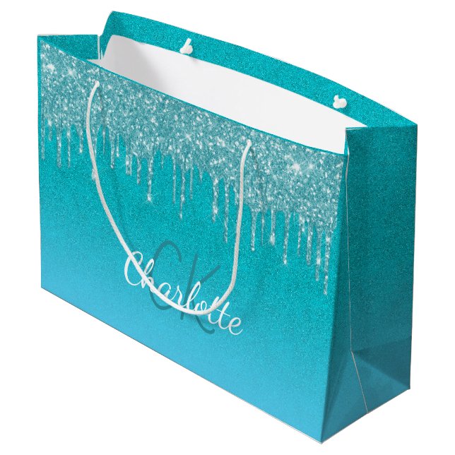 Grand Sac Cadeau Paillettes bleu sarcelle en gouttes de monogramme  (Dos Angle)