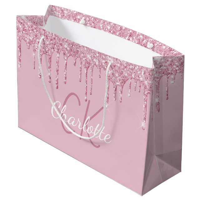 Grand Sac Cadeau Paillettes roses gouttes monogramme scintillement  (Dos Angle)