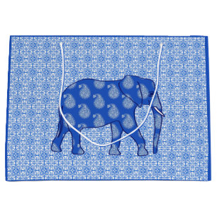 Grand Sac Cadeau Paisley éléphant - bleu cobalt et blanc