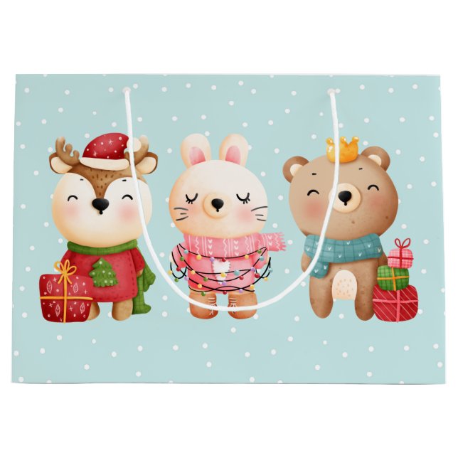 Grand Sac Cadeau Pals de Noël - Rennes, Ours et Lapin (Devant)