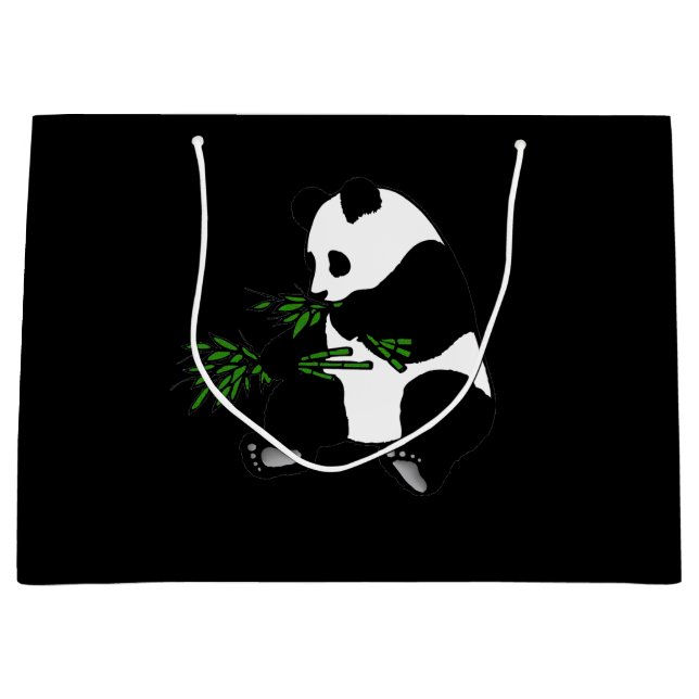 Grand Sac Cadeau Panda géant mange du bambou noir (Devant)
